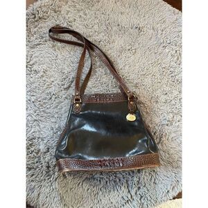 Vintage Brahmin Bucket Handbag Black Leather Brown Croc Embossed Trim Double Str